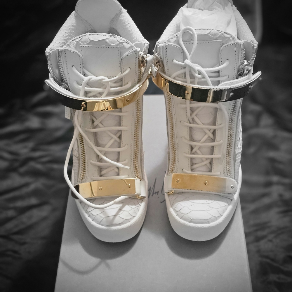 Elegant White and Gold Women's High-Top Sneakers